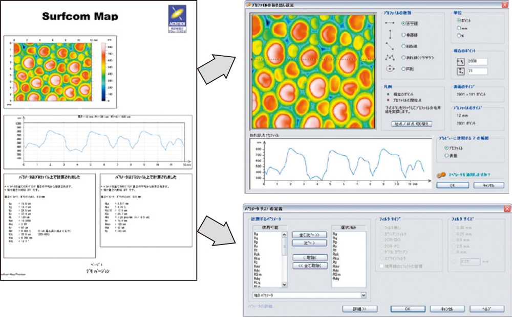 三次元粗さ解析ソフトウェア SURFCOM Map 検査成績書上で条件の変更が可能なオブジェクト指向ソフトウェア